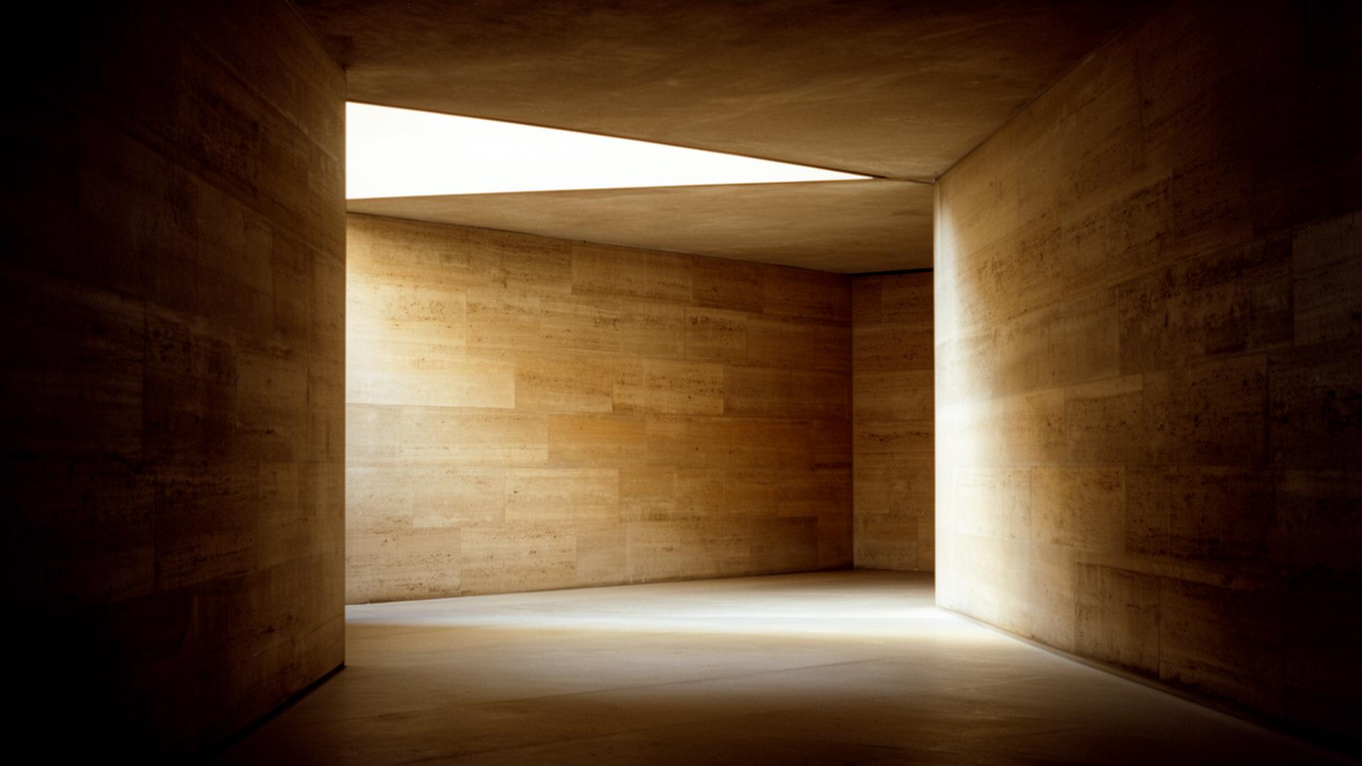 Spazio architettonico contemplativo: pareti in pietra calda, luce zenitale morbida, silenzio materico.